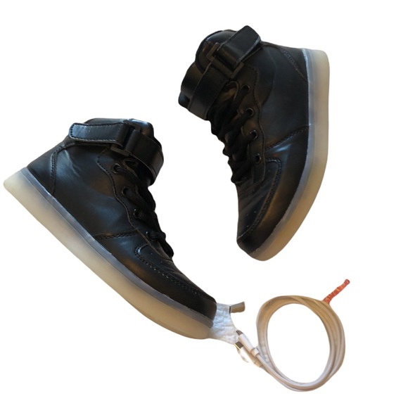 EUC High Top LED Black Vegan Leather Light Up USB Flashing Sneakers for Kids - Picture 1 of 17